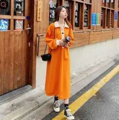 トレーナーワンピース 体型カバー長袖レディース 大きいサイズゆったりワンピ　オレンジロングカジュアルお洒落韓国着痩せ大人可愛い