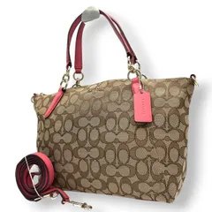 コーチ トートバッグ シグネチャー キャンバス レザー F58283 ブラウン ピンク 2WAY ハンドバッグ ショルダーバッグ 斜め掛け可 A4収納可 レディース 通勤 通学 チャーム付き フェミニン エレガント クリーニング済み E2