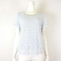 グラシア GLACIER ブラウス プルオーバー カットソー 花柄 レース シアー シフォン 異素材 パール ビジュー ビーズ ラインストーン装飾 コットン 半袖 M パステルブルー 黄 イエロー オフ白