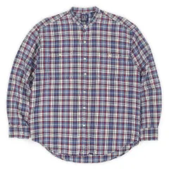 オールドギャップ OLD GAP 90s 90年代 ラウンドカラー ヘビーネルシャツ フランネル ノーカラー バンドカラー 旧タグ USA ヴィンテージ アメリカ 古着 メンズ シャツ ブルー系 チェック柄 L【中古】