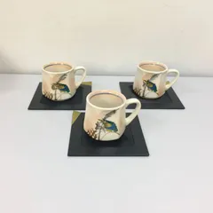 〇九谷焼　コーヒーカップ かわせみ柄 3客、ソーサー(敷物)3客