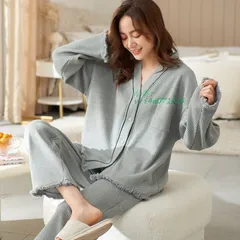 部屋着 レディース ルームウェア パジャマ セットアップ ロングパンツ ズボン 上着 女子 グレー 綿 カジュアル 春秋冬 アウター 上下セット ボタン留め 長袖 vii4w071335