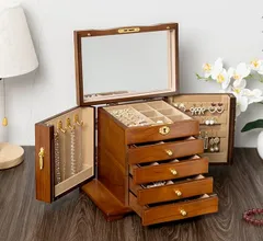 ジュエリーボックス 木製  高級感 宝石箱 収納 鏡付き 5段収納 大容量 指輪 保管 携帯 小物入れ ジュエリーケース