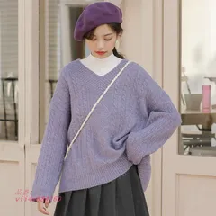 レディース ケーブルニット Vネック ざっくり ゆるシルエット 長袖 おしゃれ フェミニン カジュアル … 可愛い シンプル トップス セーター 学生 大人女子 大人 vii4w884260