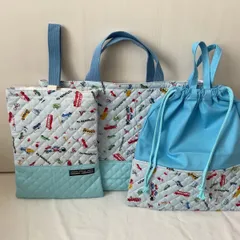 入園入学3点セットハンドメイド男の子レッスンバッグシューズケースお着替え袋働く車キルティング