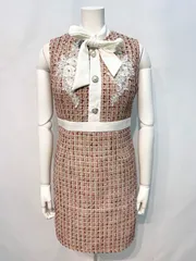 1671 Tika ティカ キャバクラ ドレス ツイード ラメ リボン ノースリーブ フラワー刺繍 ビジュー タイト ミディ キャバドレス M