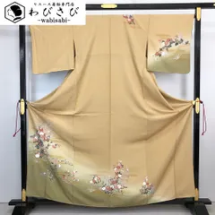 訪問着 友禅 美しい花模様 暈し 麦藁色 金彩 縮緬 トールサイズ K-4364