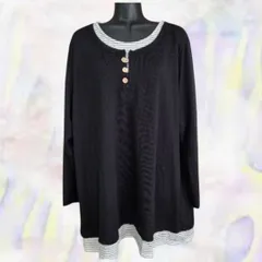 noannu　ノアンヌ　カットソー　ブラック　レディース　チュニック　重ね着風　5L　大きいサイズ　ヘンリーネック　ボーダー
