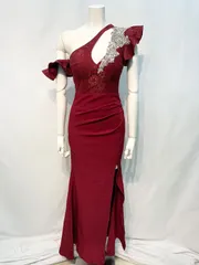 1675 JEWELS ジュエルズ　キャバクラ　ロングドレス　スリット　ワンショルダー　レース　ストーン　フリル　イベント　ギャザー　タイト　華やか　キャバドレス　S