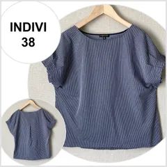 【美品♪】INDIVI インディヴィ ストライプ ブラウス ネイビー系 38号 日本製 袖タック クルーネック コットン混 ハリ感 きれいめ 通勤 オフィス C171