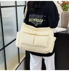 ショルダーバッグ メンズ 斜めがけ 肩掛け キャンバス サイドポケット 通勤 通学 習い事 部活 スポーツ 米色