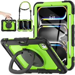 新品 SEYMAC stock 2025年/2024年 iPad Pro 11インチ(M5/M4)リングハンドル耐衝撃ケース 保護フィルム付き前面カバー ペン収納 360°回転リングハンドルスタンド ショルダーストラップ iPad Pro 11 第5世代専用型