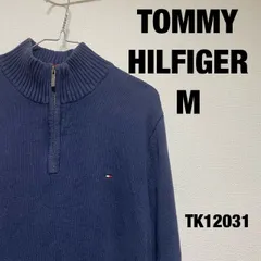 TOMMY HILFIGER ニットトレーナー 長袖 M ネイビー セーター ハーフジップ ワンポイント 刺繍 トミーヒルフィガー RN77806 古着 TK12031