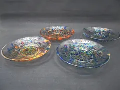 s25g-a664x【中古】石塚硝子　津軽びいどろ　豆皿　4枚ｾｯﾄ　まつり金彩　はなび金彩　箱なしのサムネイル