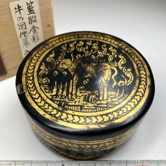 鈴木光入 木製螺鈿青貝入山水香合 共箱 直径約8㎝ 東Y8-0423☆2Fトヒカ