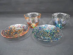 s25g-a666x【中古】石塚硝子　津軽びいどろ　ぐいのみ　約85ml　豆皿　4点ｾｯﾄ　まつり金彩　はなび金彩　箱なし