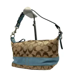 美品 コーチ COACH アクセサリーポーチ ハンドバッグ シグネチャー ジャガード コンビ ベージュ 水色 ブルー キャンバス S92