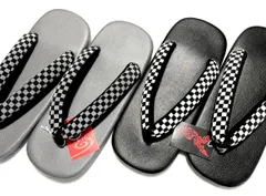 男性用雪駄 メンズ 男物 ウレタン草履 紳士用 本革調 黒orグレー 市松柄の鼻緒 フリー／LL／3L/４L