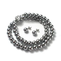 【人気商品】[CRANES COLLECTION] パール ネックレス ピアスイヤリング 2点 セット 日本製 グレー 国産真珠 自社生産 8mm珠 冠婚葬祭 巾着袋付 選べる6サイズ (シルバーブラックカラー)