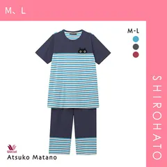 21％OFF【SHIROHATO公式】【正規品・新品】ワコール Wacoal マタノ アツコ ATSUKO MATANO ネコ ボーダー パジャマ ML 綿100％ ナイティ パジャマ 上下セット(M、L)