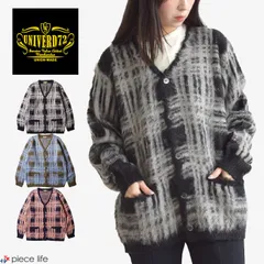 ユニバード UNIVERD72 カーディガン メンズ レディース モヘアタッチ モヘアライク ニット シャギー ボア カーデ チェック トップス アウター 羽織り Vネック ブラック オリーブ ネイビー M L XL 22331