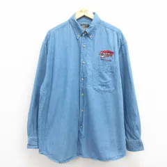XL/古着 長袖 シャツ メンズ 車 ロング丈 コットン ボタンダウン 紺 ネイビー デニム 25oct29 中古 トップス