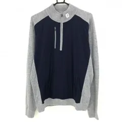 【美品】フットジョイ ハイネックセーター グレー×ネイビー 異素材 ハーフジップ ニット メンズ 2L ゴルフウェア 大きいサイズ FootJoy
