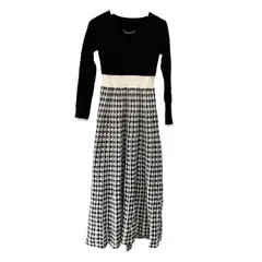 Z1587 swingle  スウィングル  長袖ニットワンピース　千鳥格子　ブラック　黒　レディース　Mサイズ