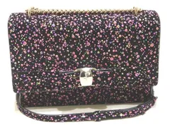 美品 フェラガモ ヴァラリボン チェーン ショルダーバッグ ☆ ブラック スエード × ペイント風デザイン Salvatore Ferragamo ▼7J