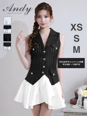 ブラック×ホワイト [OK2981-BxW-2509]XSサイズあり【ANDY/アンディ】襟付き/ Vネック/ ボタン/ ノースリーブ/ バイカラー/ ストライプ/ フリル/ フレア/ ミニドレス/ キャバドレス