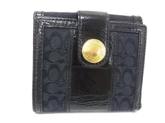 ■美品■ COACH コーチ ミニシグネチャー キャンバス×パテントレザー 二つ折り 財布 ウォレット 札入れ 小銭入れ ブラック系 DJ0483