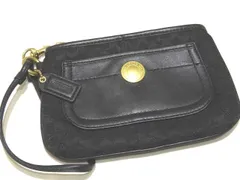 美品 COACH コーチ リストポーチ ☆ ミニシグネチャー ブラック キャンバス × レザー ゴールド金具 レディース コスメ ポシェット ▼7J