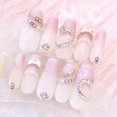 No.87オーダー♡量産型ワンホン韓国フレンチガーリースナ系ハートジェルネイルチップ リボンビジュー