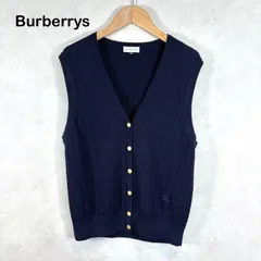 90s Burberrys ヴィンテージ バーバリー ホースロゴ 刺繍 金ボタン ウール カシミヤ ケーブルニット Vネック ベスト ノースリーブ カーディガン ネイビー 紺
