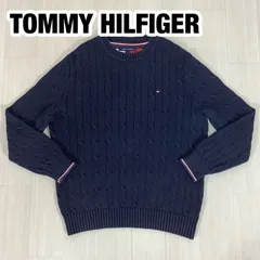 TOMMY HILFIGER トミーヒルフィガー ケーブルニット コットンニット セーター M ネイビー 濃紺 刺繍ロゴ 着丈66cm 肩幅44cm 身幅(脇下)55cm 袖丈61cm【古着】
