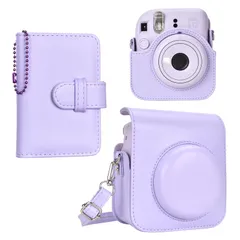 【在庫処分】HIYQIN チェキケース instax mini 12ケースFujifilm チェキ 12ケース と28枚写真入れアルバム付き２点セット チェキ mini 12カメラケース ショルダーストラップ付き PUレザー - パープル