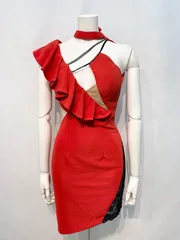 1680 ROBE de FLEURS Glossy ローブドフルールグロッシー キャバクラ ドレス フリル ストーン タイト サイドシースルー リボンホルターネック キャバドレス S