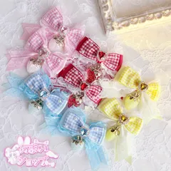 選べる4カラー♡ いちご リボン ヘアアクセ ハンドメイド レース ギンガムチェック 可愛い ヘアクリップ　量産型　地雷系　天使界隈　ヘアメリボン　ヘアメ