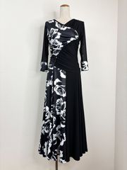 新品 社交ダンス ワンピース ブラック バラ柄 プリント サイズML