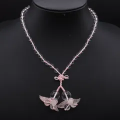 H534 水晶 ローズクォーツ ネックレス 天使の羽 花彫刻 紐 デザイン アンティーク