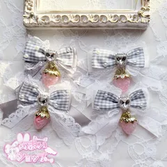 選べる2カラー♡ハートビジュー　ホワイト　シルバー　グレー いちご リボン ヘアアクセ ハンドメイド レース ギンガムチェック 可愛い ヘアクリップ　量産型　地雷系　天使界隈　ヘアメリボン　ヘアメ