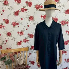 丸襟 ブラック 七分袖 ワンピース ナチュラル シンプル レトロ 大人かわいい コットン 春夏秋 レディース