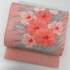 h*r様 名古屋帯 正絹 真綿紬 大柄花の織り出し 八寸 名古屋帯 八寸 紬織 開き仕立て 花文様 グレー ピンク 洒落帯 粋