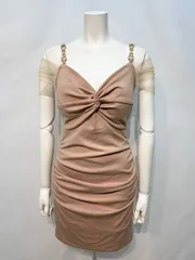 1687 DAZZY デイジー　キャバクラ　ドレス　ギャザー　タイト　ミニ　ゴールドチェーンストラップ　シアー　キャバドレス　M