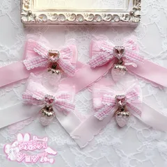 選べる2カラー♡ ハートビジュー　ピンク　ホワイト　 いちご リボン ヘアアクセ ハンドメイド レース ギンガムチェック 可愛い ヘアクリップ　量産型　地雷系　天使界隈　ヘアメリボン　ヘアメ