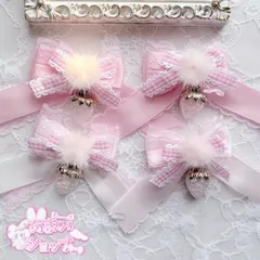 選べる2カラー♡  ふわふわ　ピンク　ホワイト　いちご リボン ヘアアクセ ハンドメイド レース ギンガムチェック 可愛い ヘアクリップ　量産型　地雷系　天使界隈　ヘアメリボン　ヘアメ
