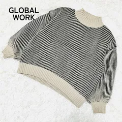【GLOBAL WORK】グローバルワーク リブ編み ハイネック ニット セーター 黒 アイボリー ストライプ サイズF