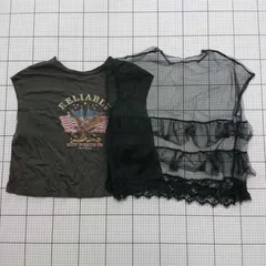 ◇ ⊂ ジャバ トレンド感 ノースリーブ フレンチスリーブＴシャツ チュール サイズXL グレー ブラック系 レディース E  【1508260043472】