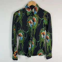 総柄シャツ 長袖 花柄 アート系 ブラック グリーン マルチカラー レディース 9/10 古着 昭和レトロ Y2K