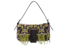 極美品 FENDI フェンディ ビーズ刺繍 マンマバケット ハンドバッグ ブラック マルチカラー キャンバス ビーズ レザー ワンショルダー 26424 中古 4b005436